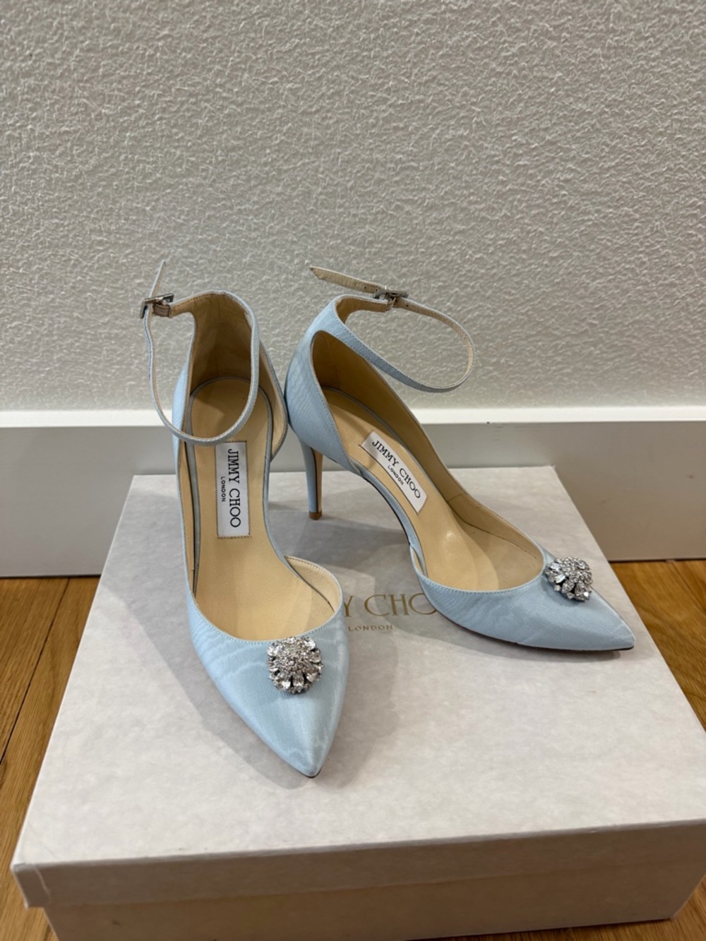 Jimmy Choo Powder Blue Pointed-Toe Ankle-Strap Pumps with Crystal Brooch